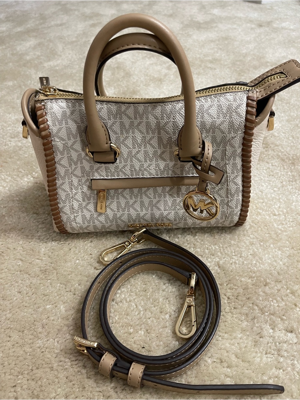 Michael Kors Beige Signature Logo Crossbody Satchel with Tan Trim